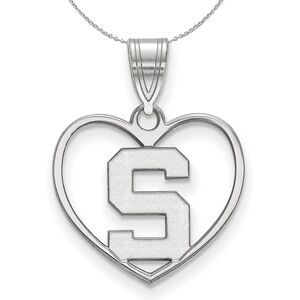 Sterling Silver Michigan State Initial S Heart Necklace - 24 Inch